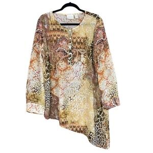 Chico's Womens Blouse Tunic Top Size 2 Large Sheer Asymmetrical Paisley Brown